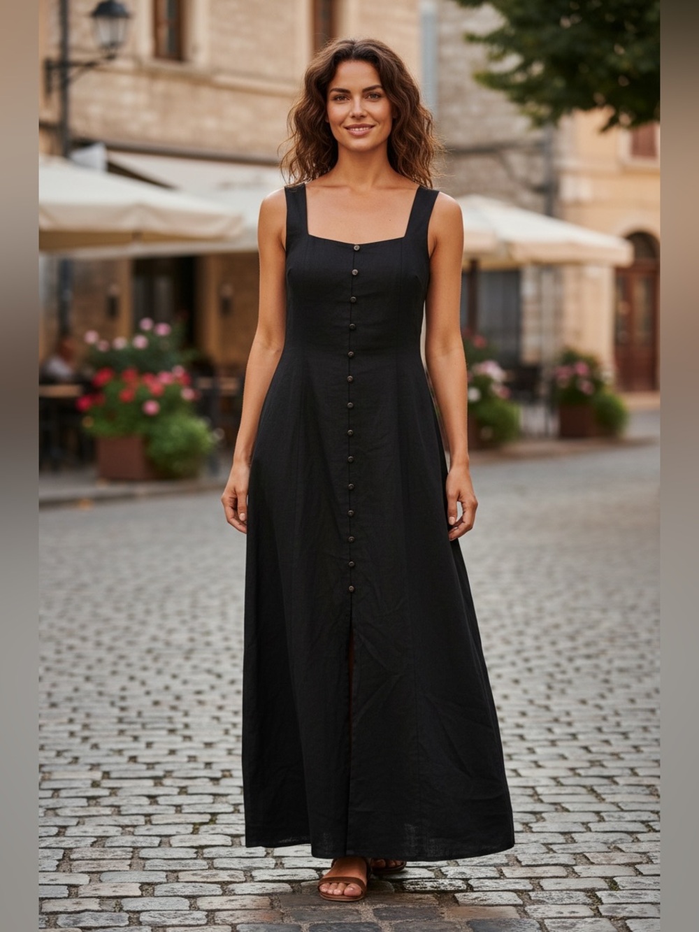 Zara Black Maxi Dress with Copper Buttons Linen Blend